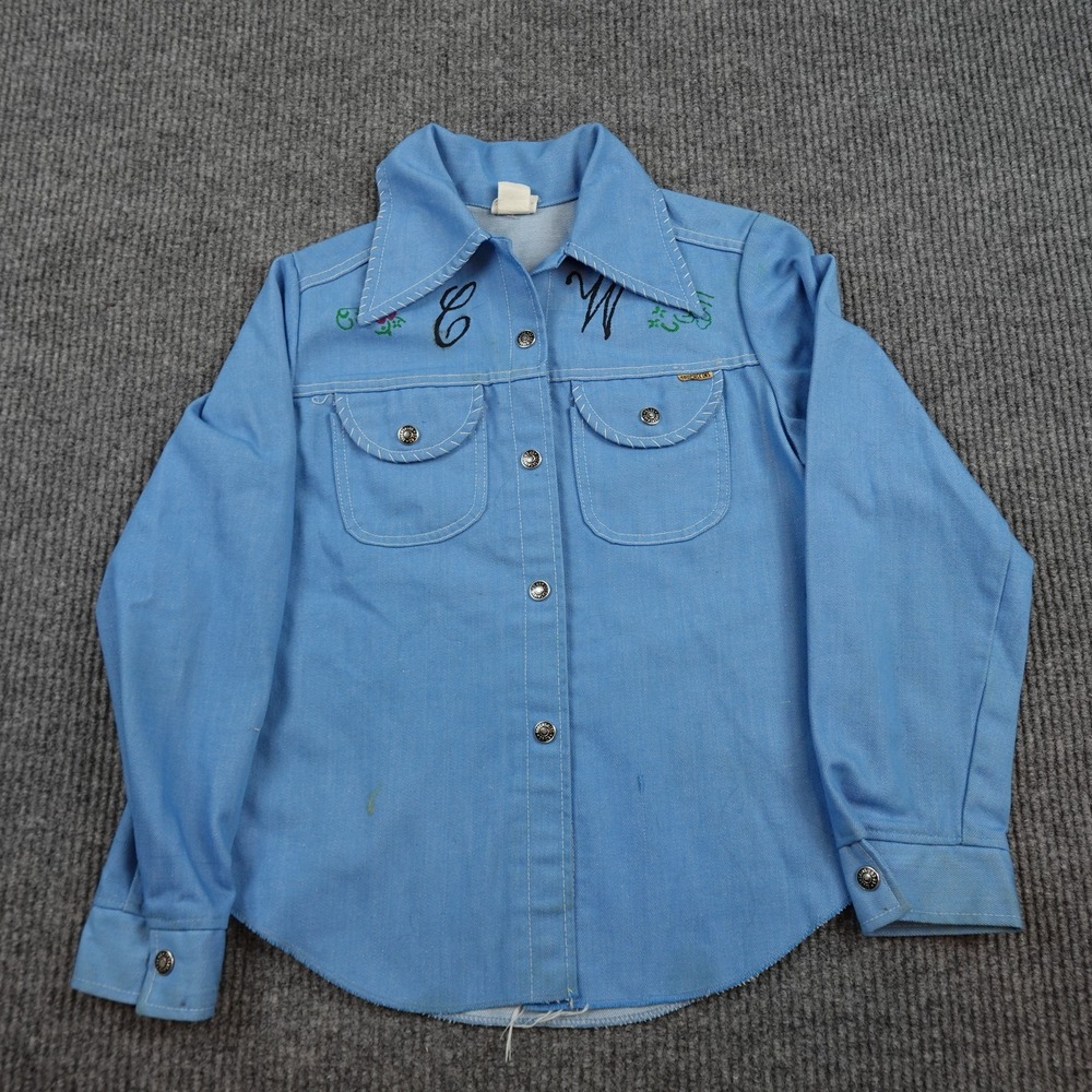 Vintage Growing Girl Toughskins Jacket Girls 14 Blue 70s Embroidered Snap Shirt